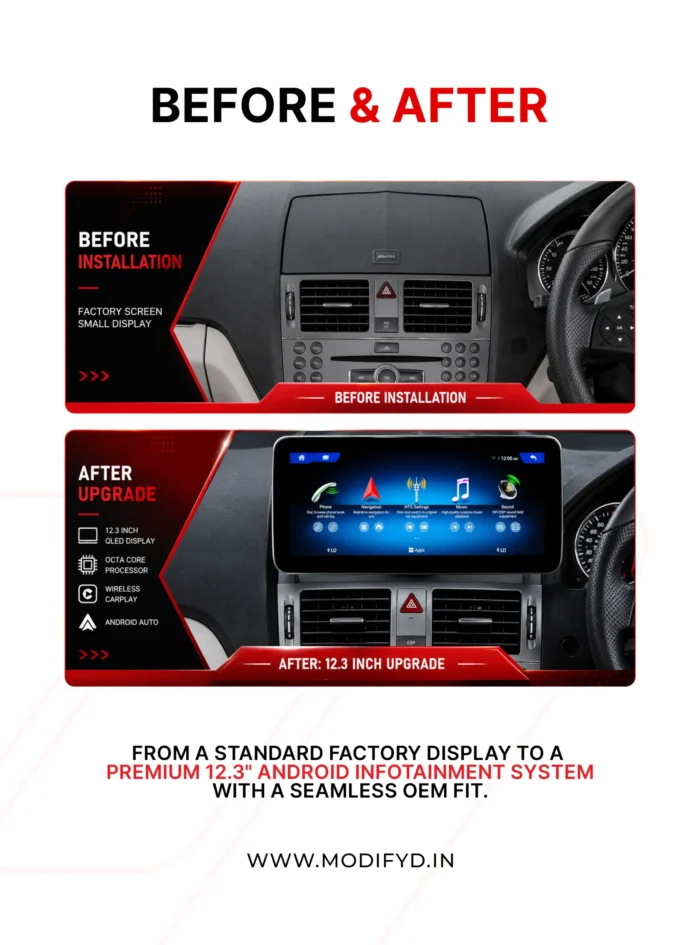 Mercedes Benz C-Class 2007-2011 12.3 inch android screen- before & after
